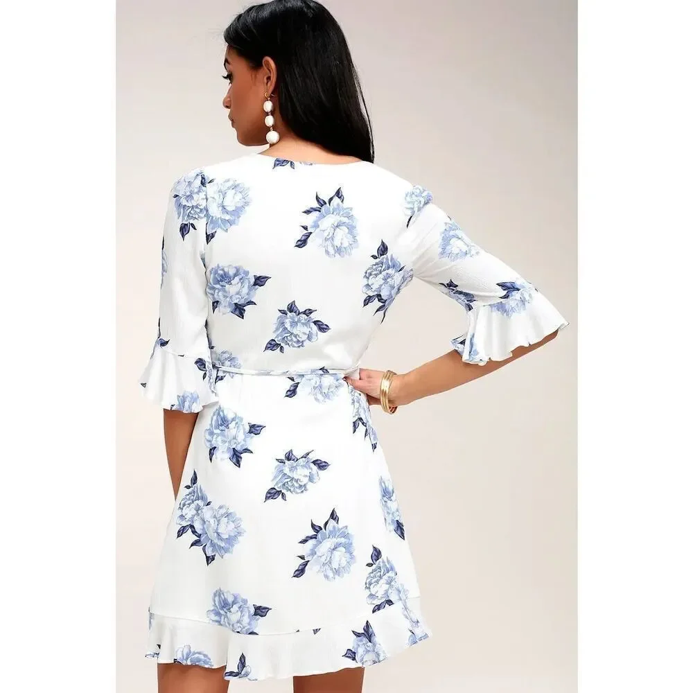 Lulus Pretty Peony Blue and White Floral Print Wrap Dress